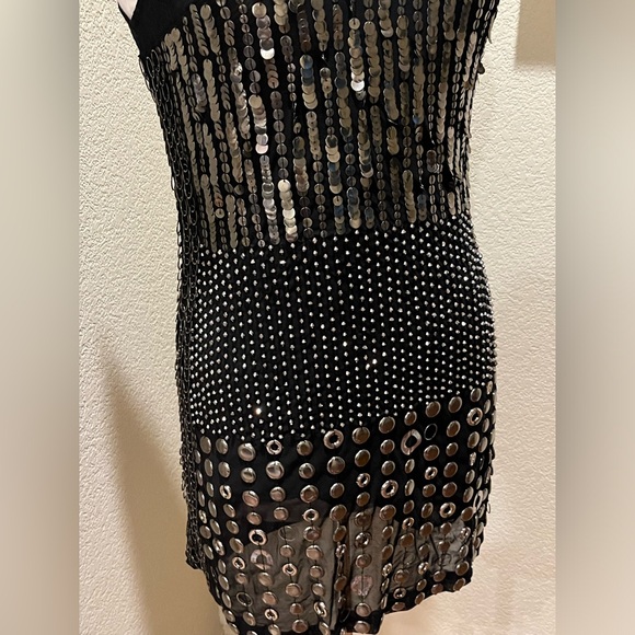Alice + Olivia Studded Liquid Gunmetal One Shoulder Bodycon Mini Dress Black M - Picture 2 of 9